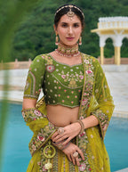 Monjolika Fashion Silk Blend Embroidered Sequins Green And Mehendi Designer Lehenga Choli | Grocsy
