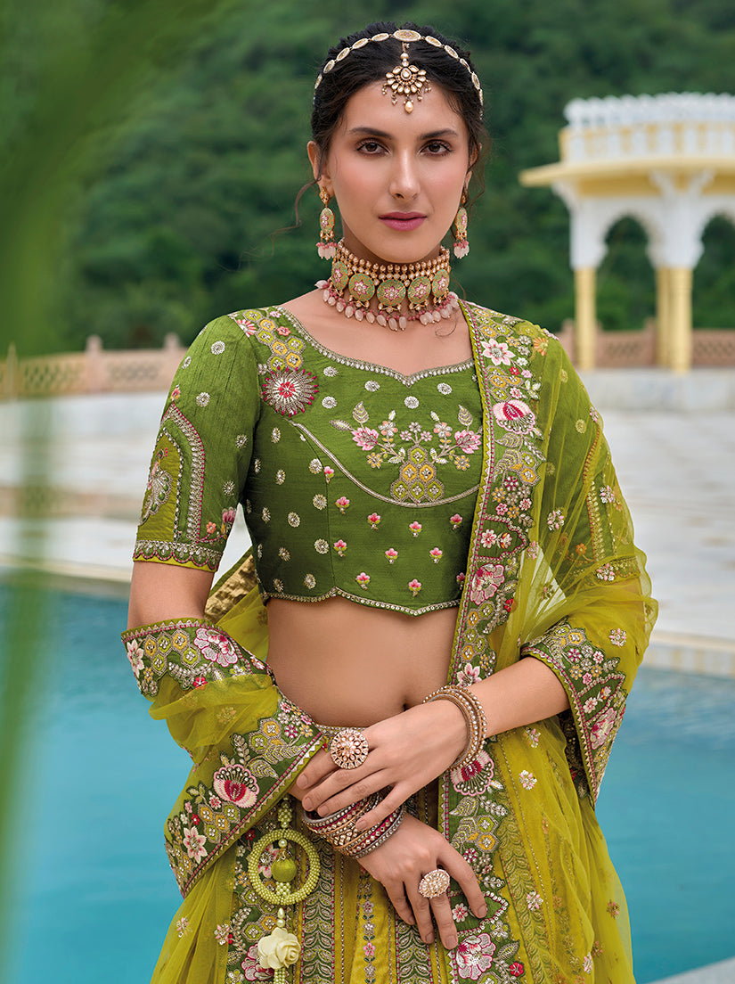 Monjolika Fashion Silk Blend Embroidered Sequins Green And Mehendi Designer Lehenga Choli | Grocsy