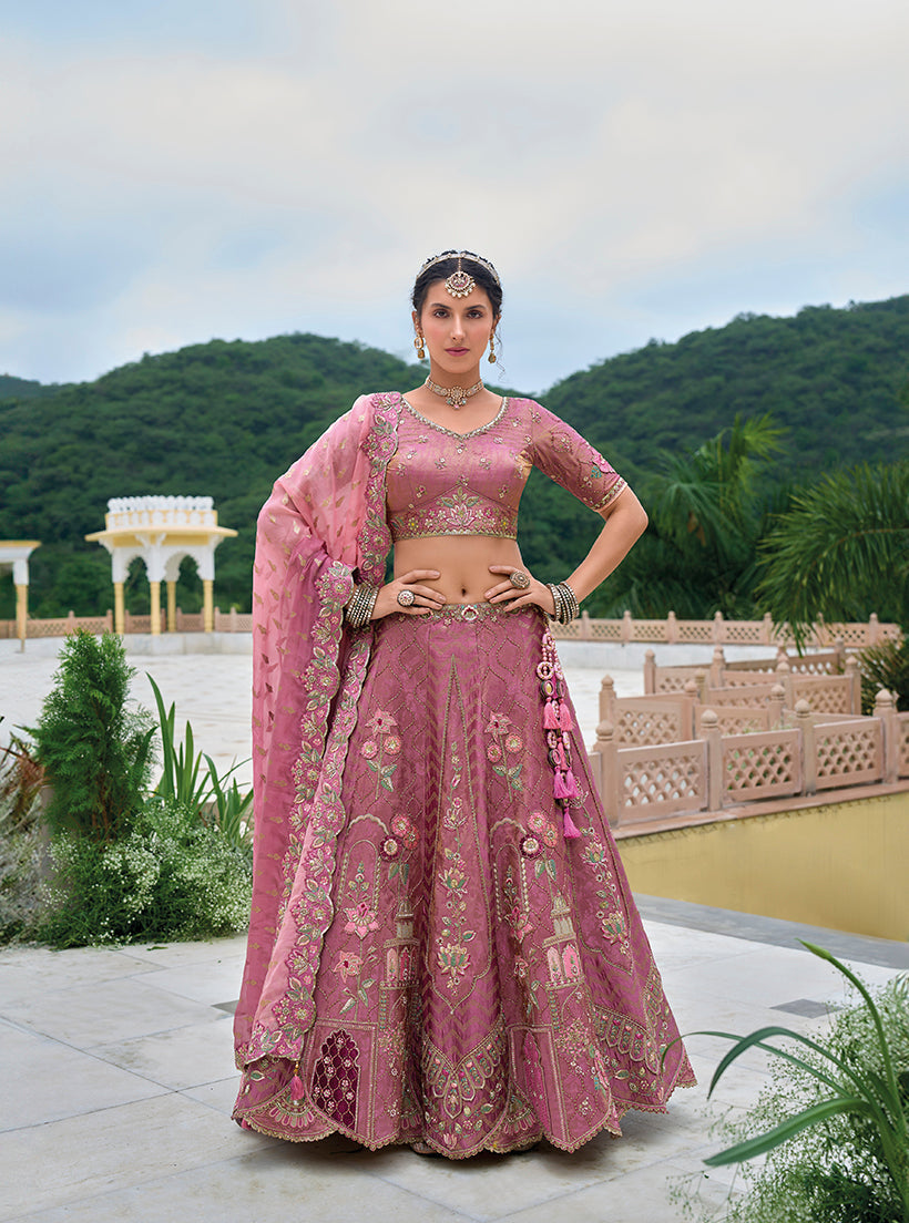 Monjolika Fashion Silk Blend Embroidered Sequins Onion Pink Designer Lehenga Choli | Grocsy
