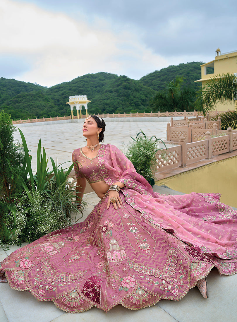 Monjolika Fashion Silk Blend Embroidered Sequins Onion Pink Designer Lehenga Choli | Grocsy
