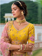 Monjolika Fashion Silk Blend Embroidered Sequins Yellow And Pink Designer Lehenga Choli | Grocsy