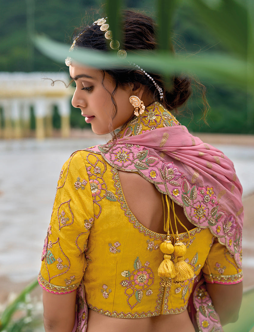 Monjolika Fashion Silk Blend Embroidered Sequins Yellow And Pink Designer Lehenga Choli | Grocsy