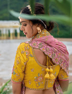 Monjolika Fashion Silk Blend Embroidered Sequins Yellow And Pink Designer Lehenga Choli | Grocsy