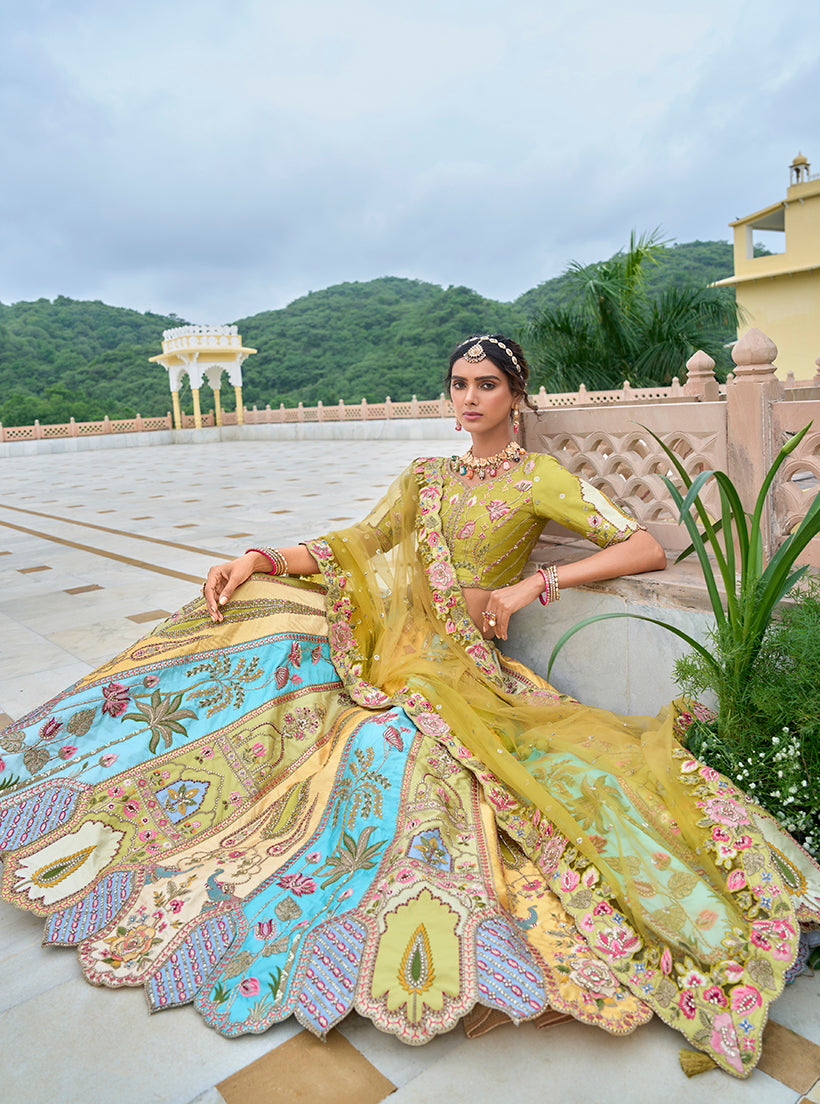Monjolika Fashion Silk Blend Embroidered Sequins Multi Colour Designer Lehenga Choli | Grocsy