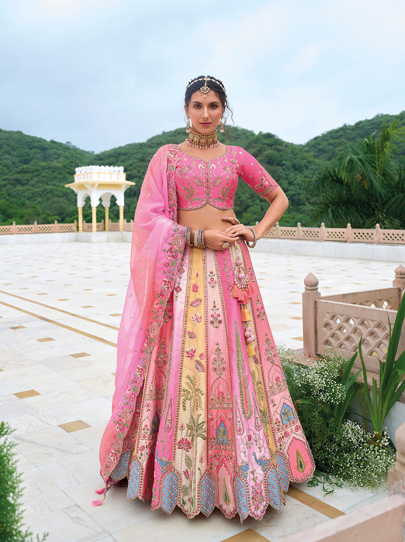 Monjolika Fashion Silk Blend Embroidered Sequins Pink Designer Lehenga Choli | Grocsy