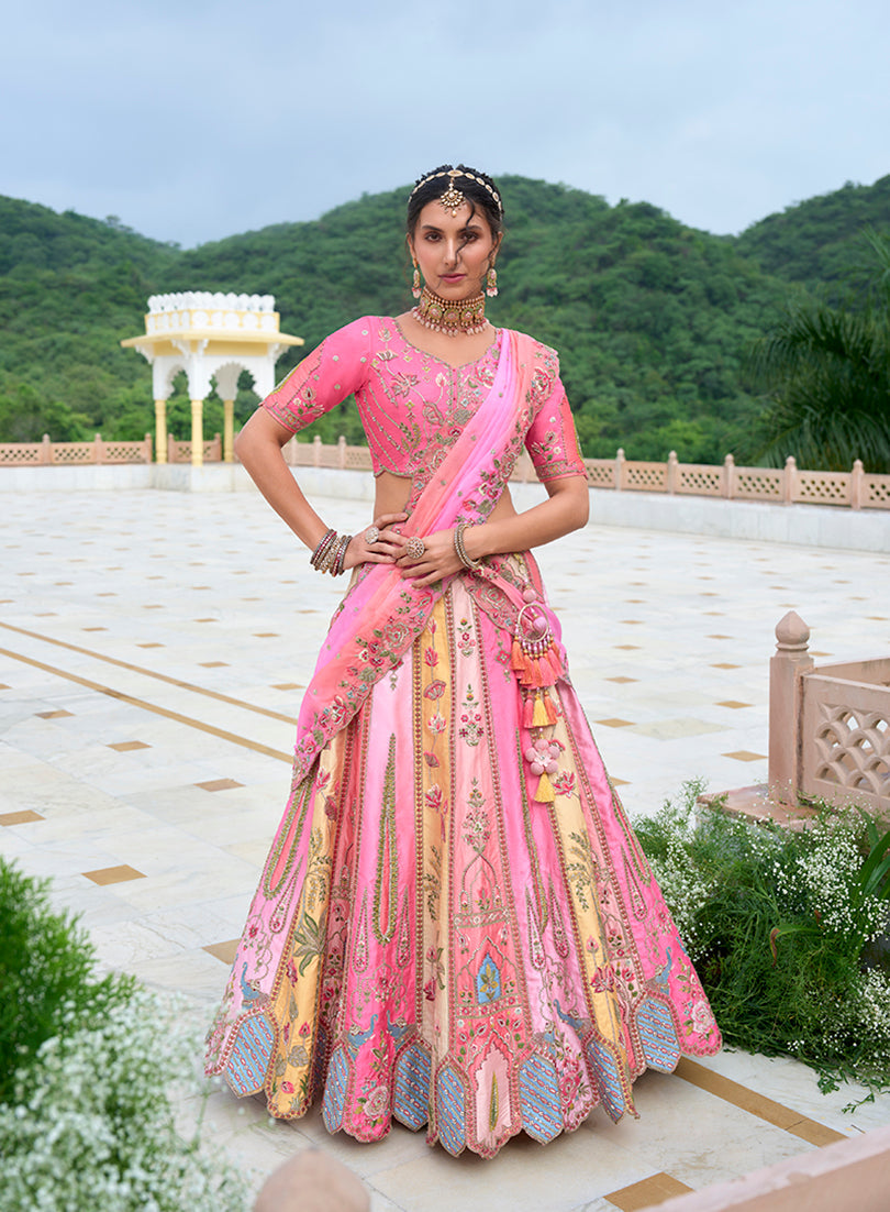 Monjolika Fashion Silk Blend Embroidered Sequins Pink Designer Lehenga Choli | Grocsy