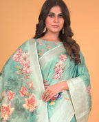 Sea Green Cotton Silk Floral Printed Saree With Unstitched Blouse Piece - Akshita | Grocsy