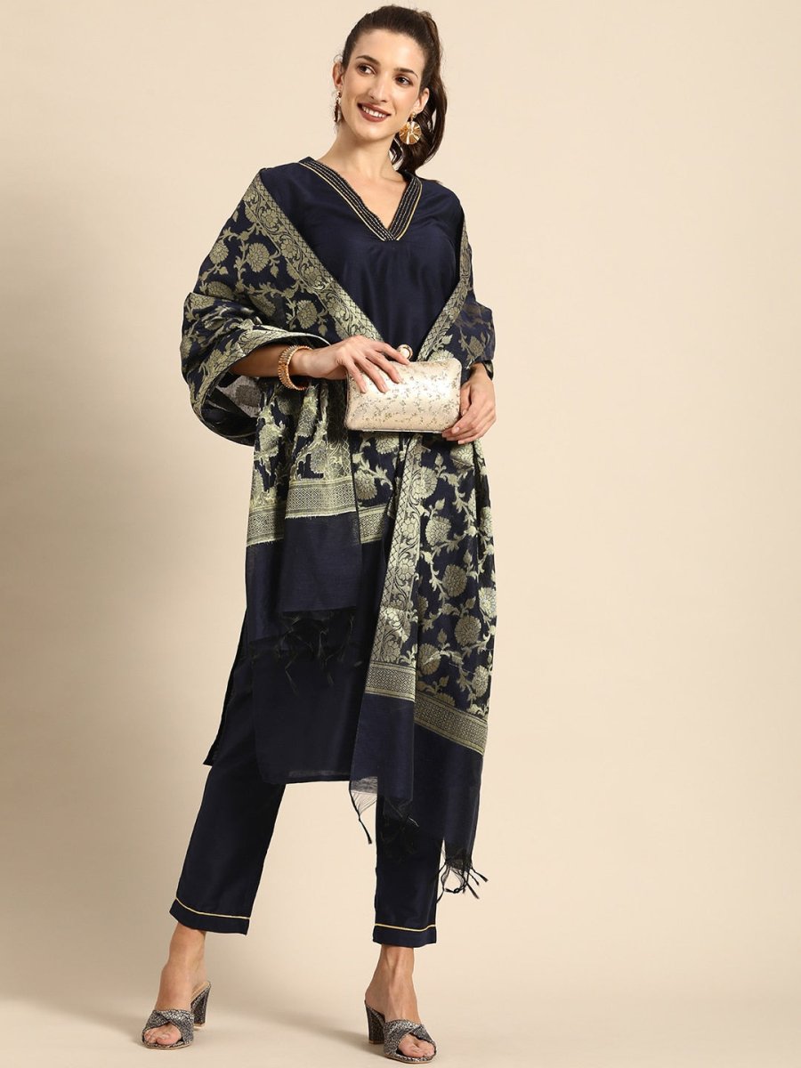 All About You Women Navy Blue Zari Detailed Regular Kurta with Trousers & Dupatta | Grocsy