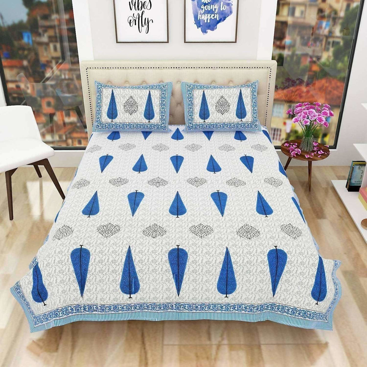 Queen Size 90x108 Inches Jaipuri Sanganeri Print Flat Bed Sheet Bedspread with 2 Pillowcases | Grocsy