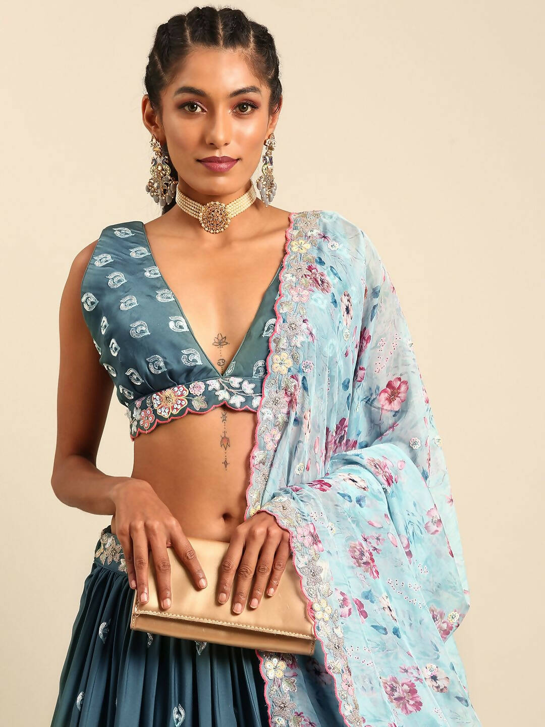 House of Panchhi Teal Blue Chinon Sequins embroidery Lehenga choli & Dupatta | Grocsy
