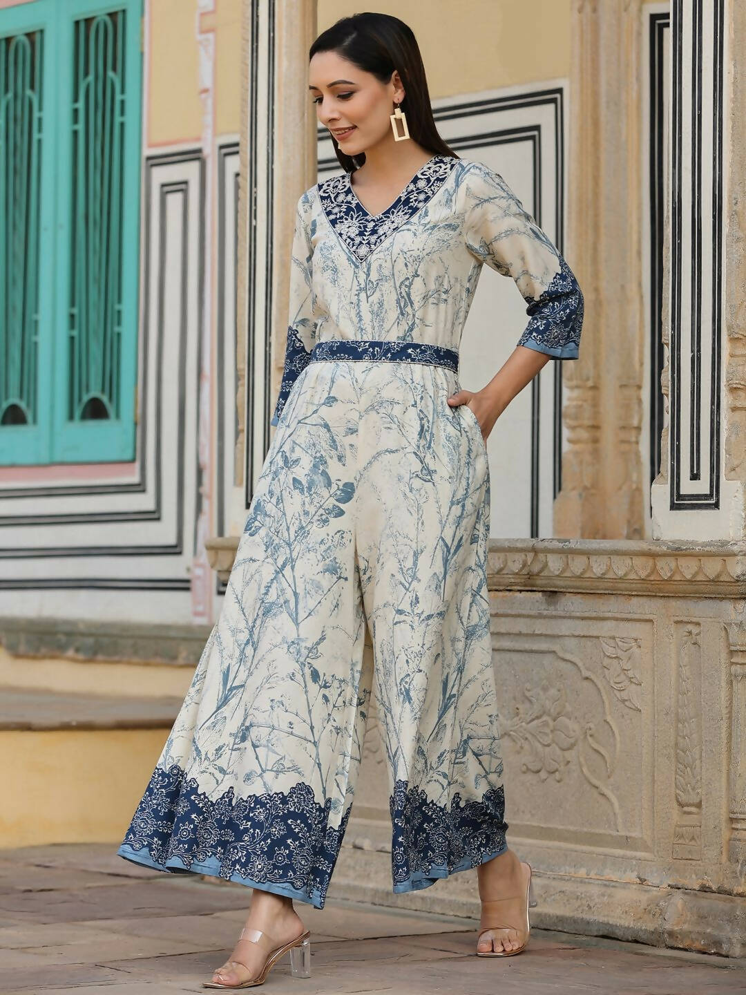 Juniper Women's Offwhite Rayon Staple Printed With Embroidery Straight Jumpsuit | Grocsy