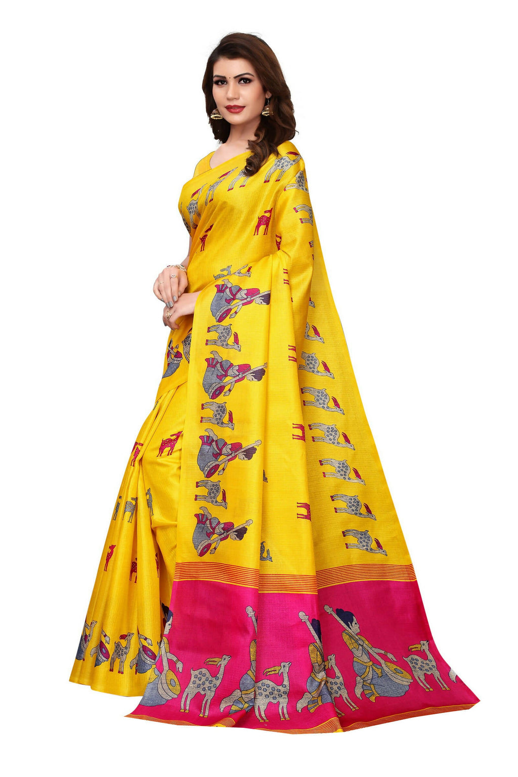 Vamika Yellow Color Kalamkari With Jhalar Khadi Silk Saree | Grocsy