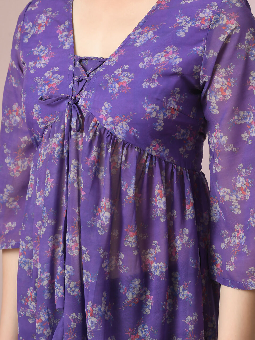 Myshka Women's Purple Printed Georgette A-Line Nyra-cut Kurta | Grocsy