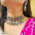 Tehzeeb Creations Women's Silver Colour Oxidised Necklace Set With Mirror Work | Grocsy