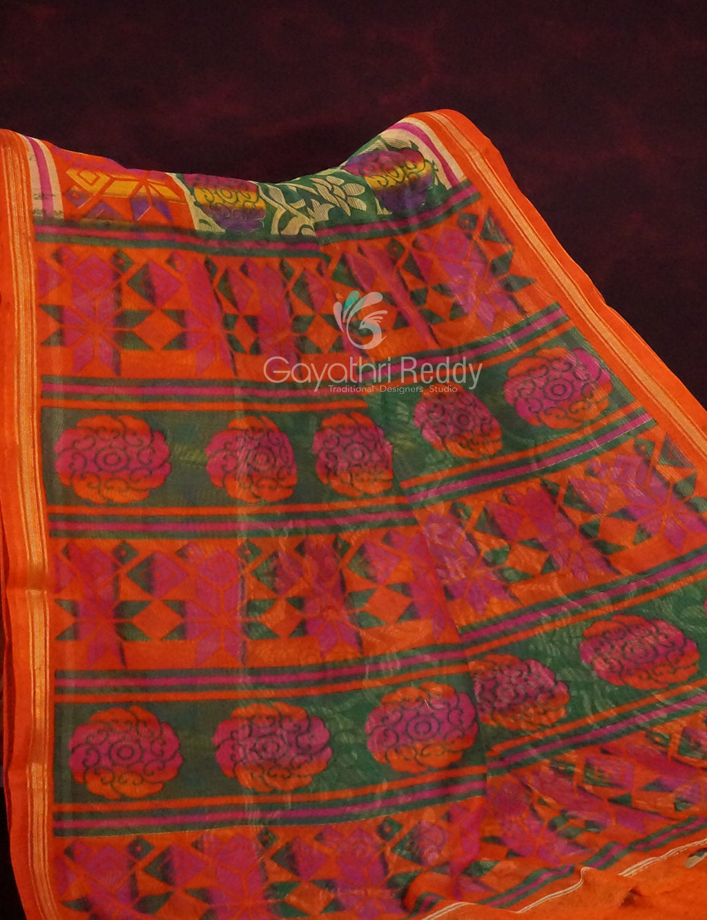 Dark Leaf Green Printed Semi Chanderi Saree By Gayathri Reddy Designer Studio | Grocsy