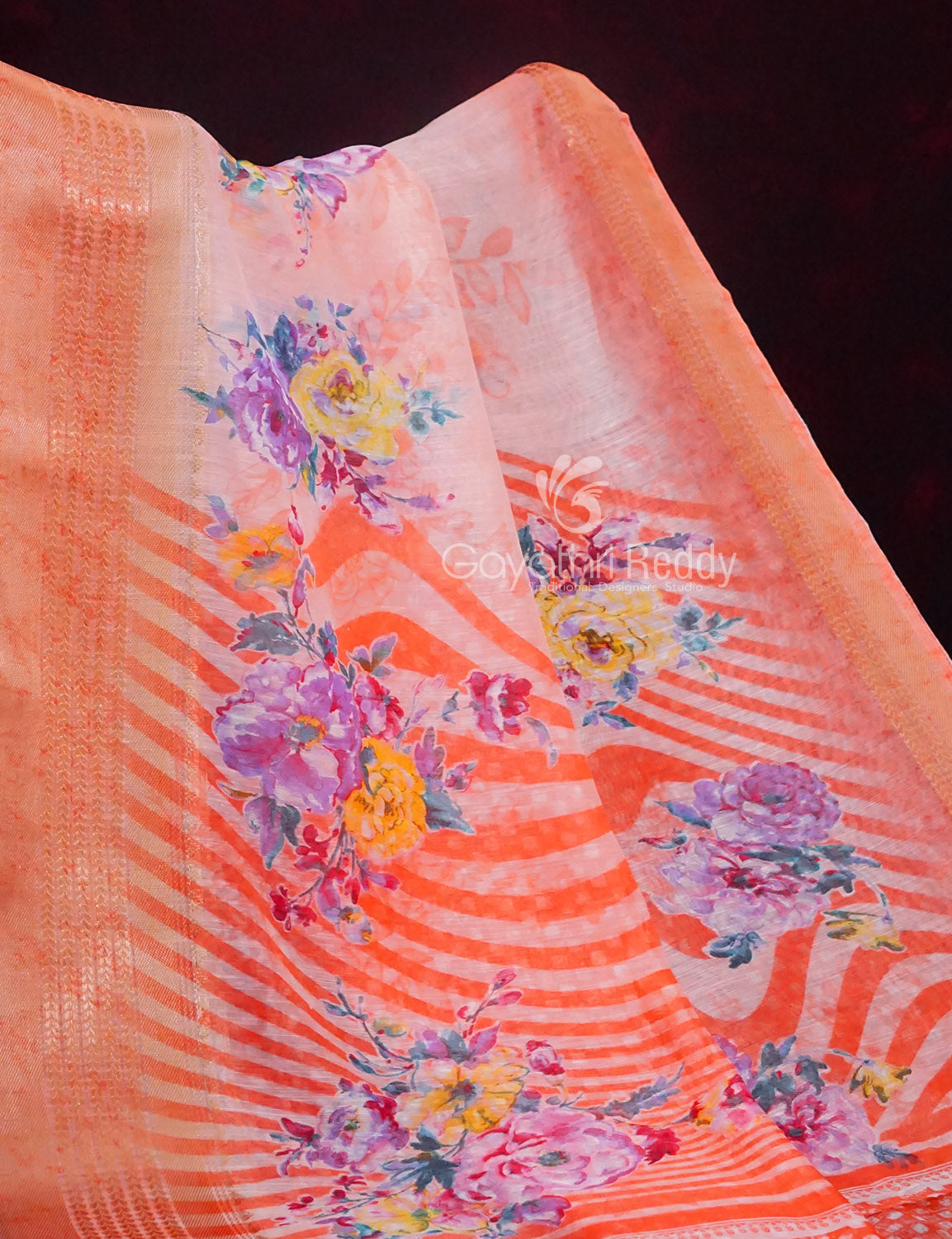 Vibrant Combination of Baby Peach and Orange with Floral Design Semi Chanderi Saree By Gayathri Reddy Designer Studio | Grocsy