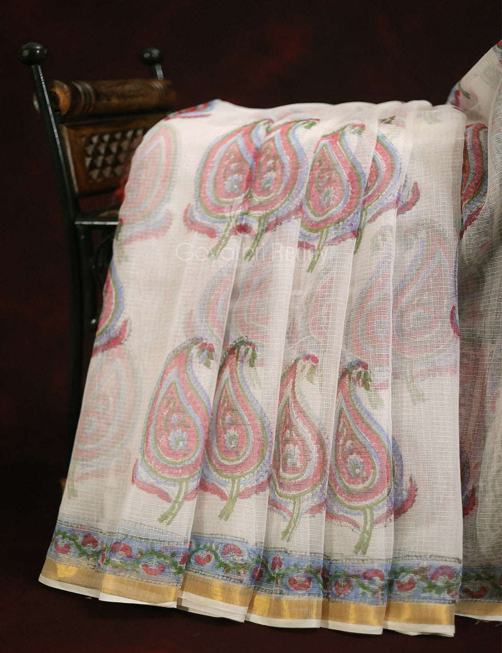 Off White Mango Block Design Pure Kota Cotton Saree By Gayathri Reddy Designer Studio | Grocsy