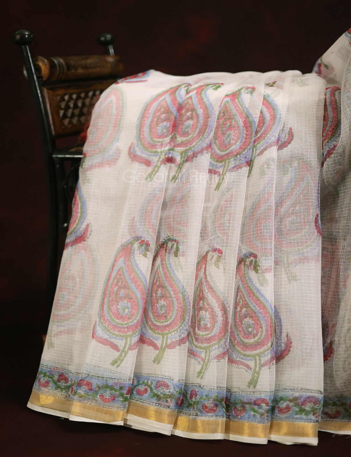 Off White Mango Block Design Pure Kota Cotton Saree By Gayathri Reddy Designer Studio | Grocsy