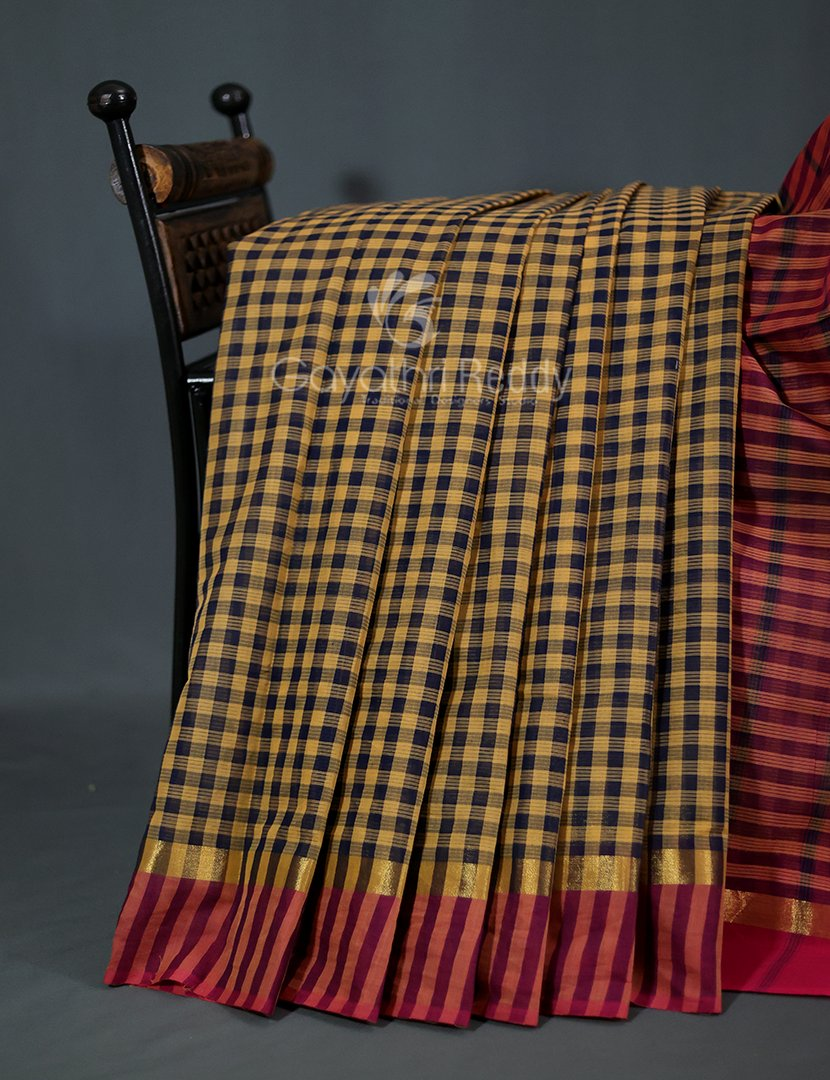 Mustard And Black With Checks Pure Mangalgiri Cotton Saree By Gayathri Reddy Designer Studio | Grocsy