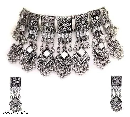 Tehzeeb Creations Women's Silver Colour Oxidised Necklace Set With Mirror Work | Grocsy