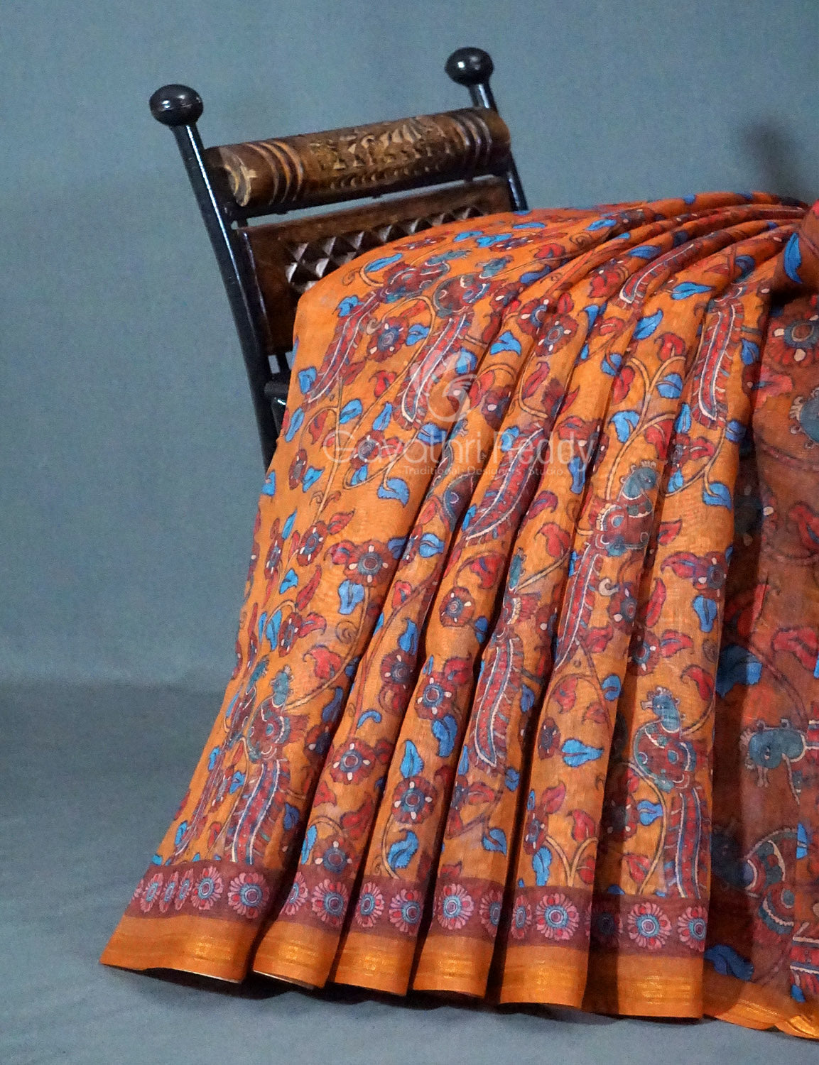 Shades of Mustard Colour Kalamkari Print Semi Chanderi Saree By Gayathri Reddy Designer Studio | Grocsy