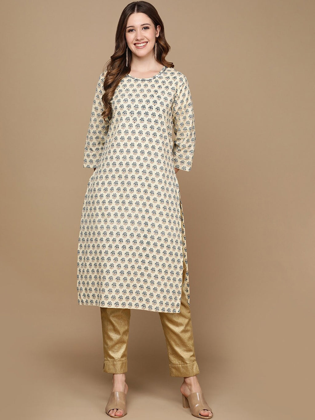 HERE&NOW Cream-Color & Teal Ethnic Motifs Printed Sequined Cotton Kurta | Grocsy