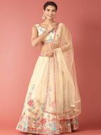 House of Panchhi Cream Net Multi colour Thread & Sequinse Work Lehenga & Blouse, Dupatta | Grocsy