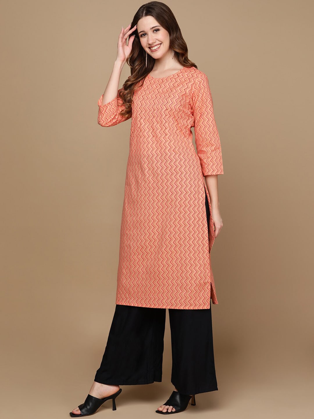 HERE&NOW Peach-Color & Red Chevron Printed Beads Pure Cotton Kurta | Grocsy