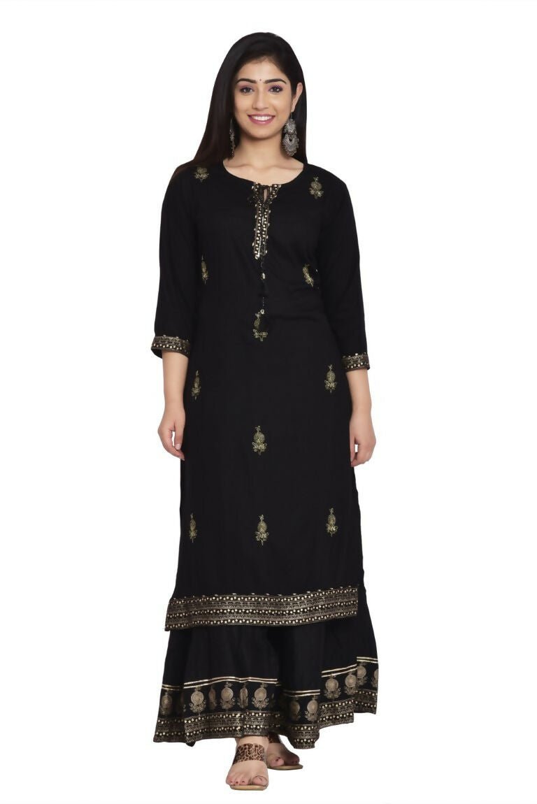 Alvano Women's Gold Zari Print Kurti with Palazzo and Dupatta set Rayon | Grocsy