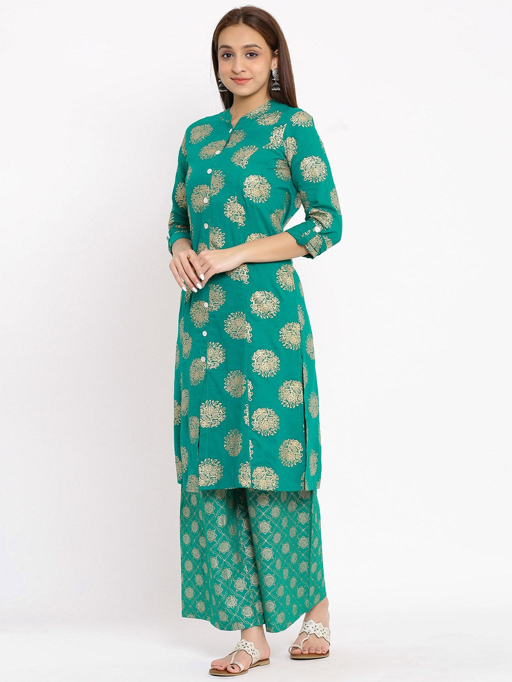HERE&NOW Green Mandarin Collar Ethnic Motifs Printed A-Line Kurta | Grocsy