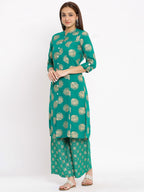 HERE&NOW Green Mandarin Collar Ethnic Motifs Printed A-Line Kurta | Grocsy