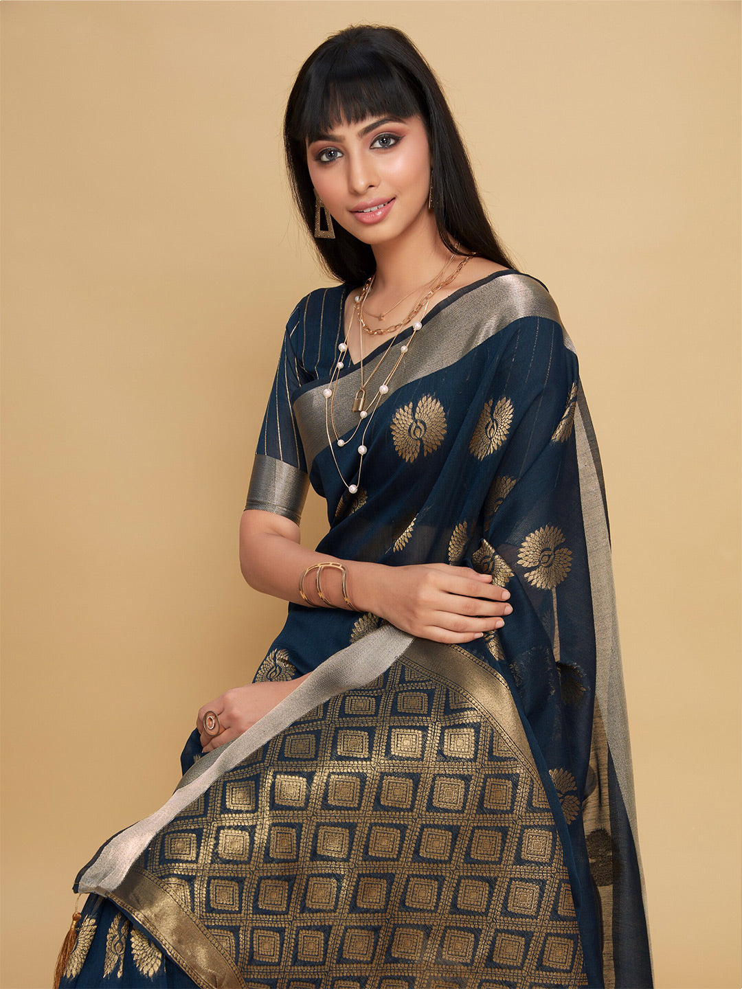 Sangria Navy Blue Ethnic Motifs Woven Design Zari Saree | Grocsy