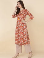 HERE&NOW Women Brown Floral Printed Sequinned Kurta with Trousers | Grocsy