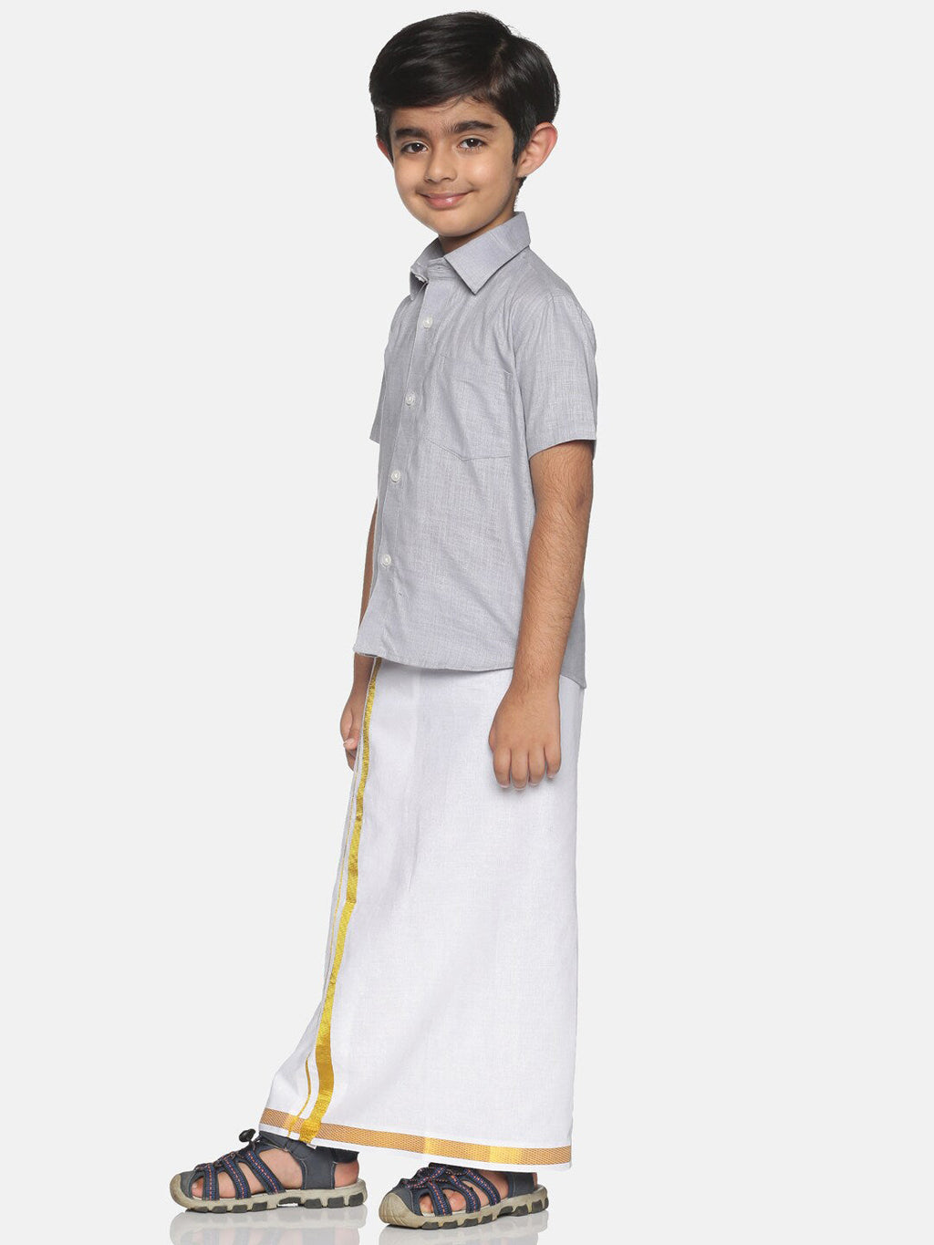 Sethukrishna Boys Grey & White Solid Shirt and Veshti Set | Grocsy
