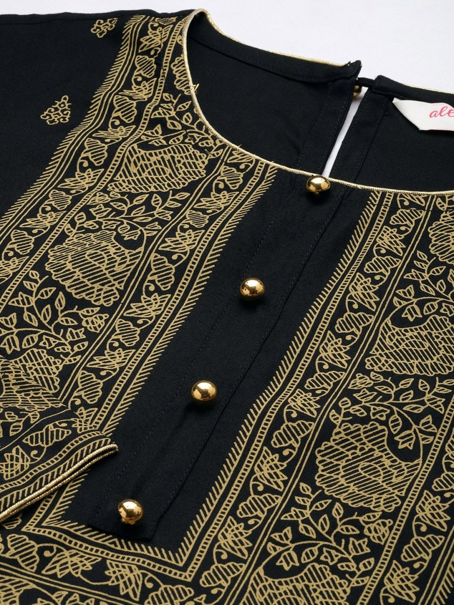 All About You Women Black & Mustard Yellow Printed Kurta with Trousers | Grocsy