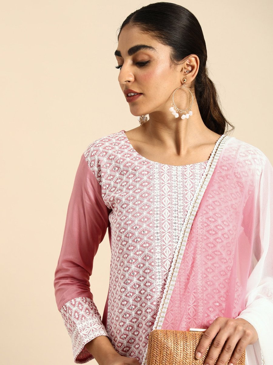 All About You Women Embroidered Chikankari Kurta With Trousers & With Dupatta | Grocsy