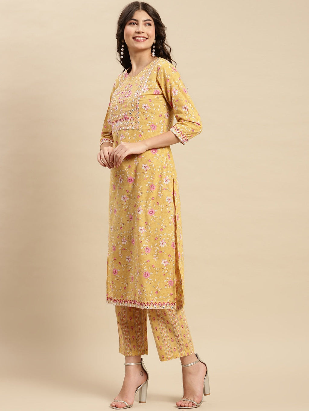 Sangria Yellow & Pink Floral Printed Pure-Cotton Straight Kurta With Trouser & Dupatta | Grocsy
