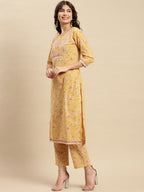 Sangria Yellow & Pink Floral Printed Pure-Cotton Straight Kurta With Trouser & Dupatta | Grocsy
