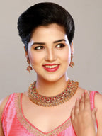 Aadita Gold-Polished Green & Pink Stone-Studded & Pearl Beaded Jewellery Set | Grocsy
