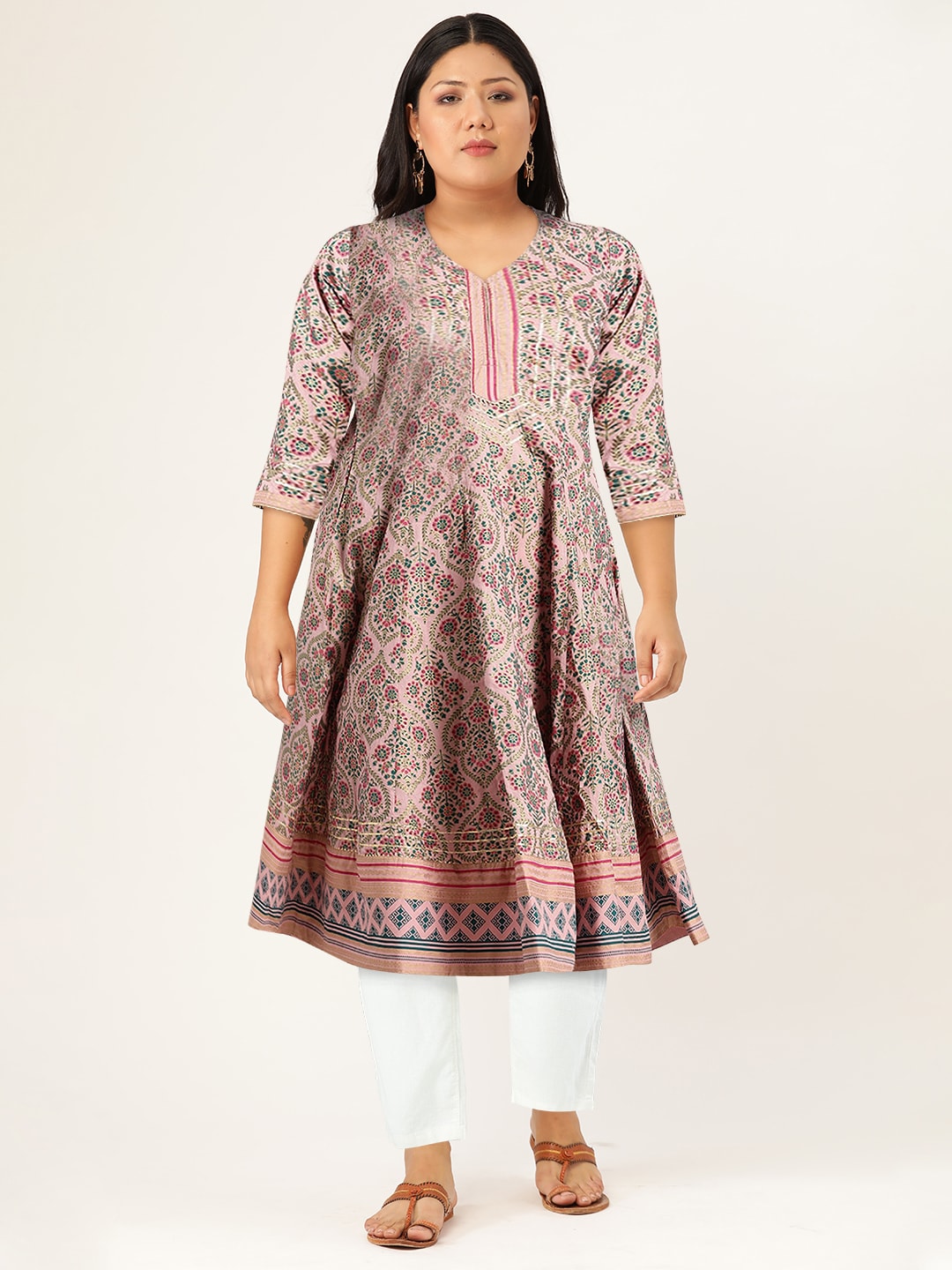 Sangria Women Pink & Green Ethnic Print Anarkali Kurta | Grocsy