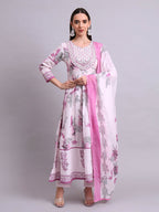 Joban Fashion Pink Cotton Floral Printed & Embroidery Work Anarkali Kurta With Trousers & Dupatta Set | Grocsy