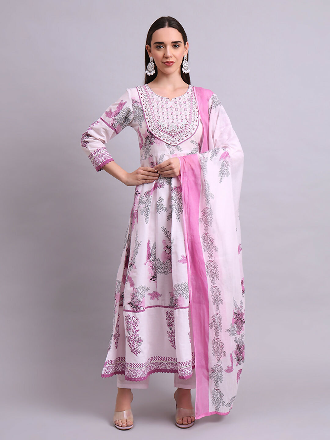 Joban Fashion Pink Cotton Floral Printed & Embroidery Work Anarkali Kurta With Trousers & Dupatta Set | Grocsy