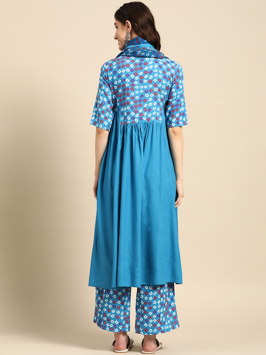 Sangria Women Bandhani Printed Kurta with Palazzos & Scarf | Grocsy