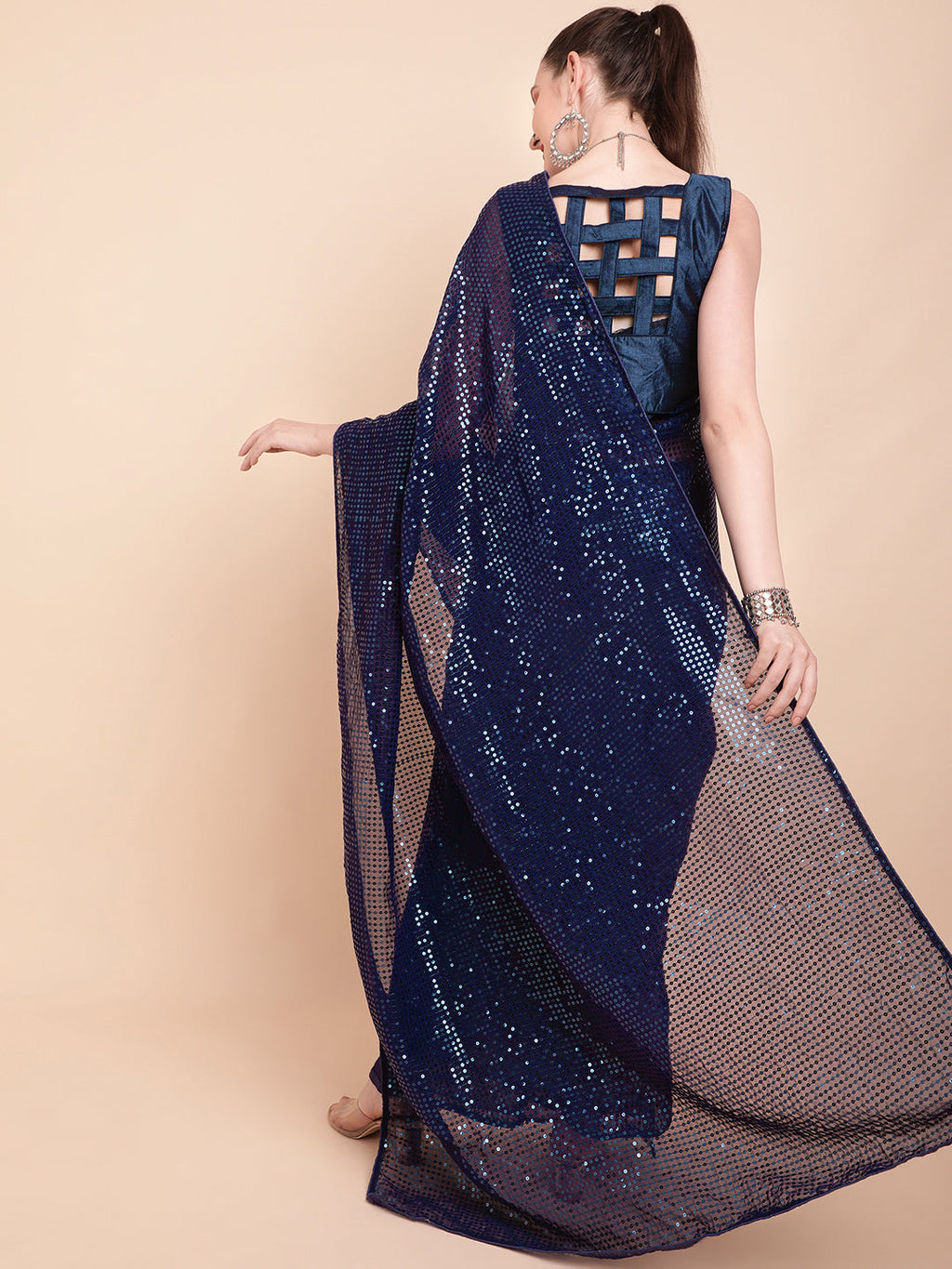 Sangria Navy Blue & Silver-Toned Sequin Embellished Pure Georgette Saree | Grocsy