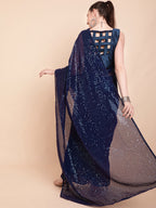 Sangria Navy Blue & Silver-Toned Sequin Embellished Pure Georgette Saree | Grocsy
