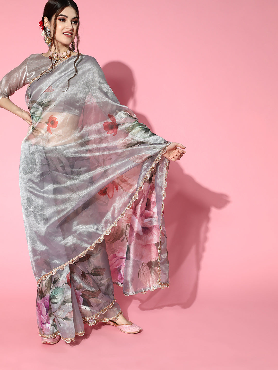 Tikhi Imli Grey Saree with Zari border | Grocsy