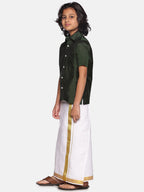 Sethukrishna Boys Green & White Solid Shirt with Dhoti Set | Grocsy