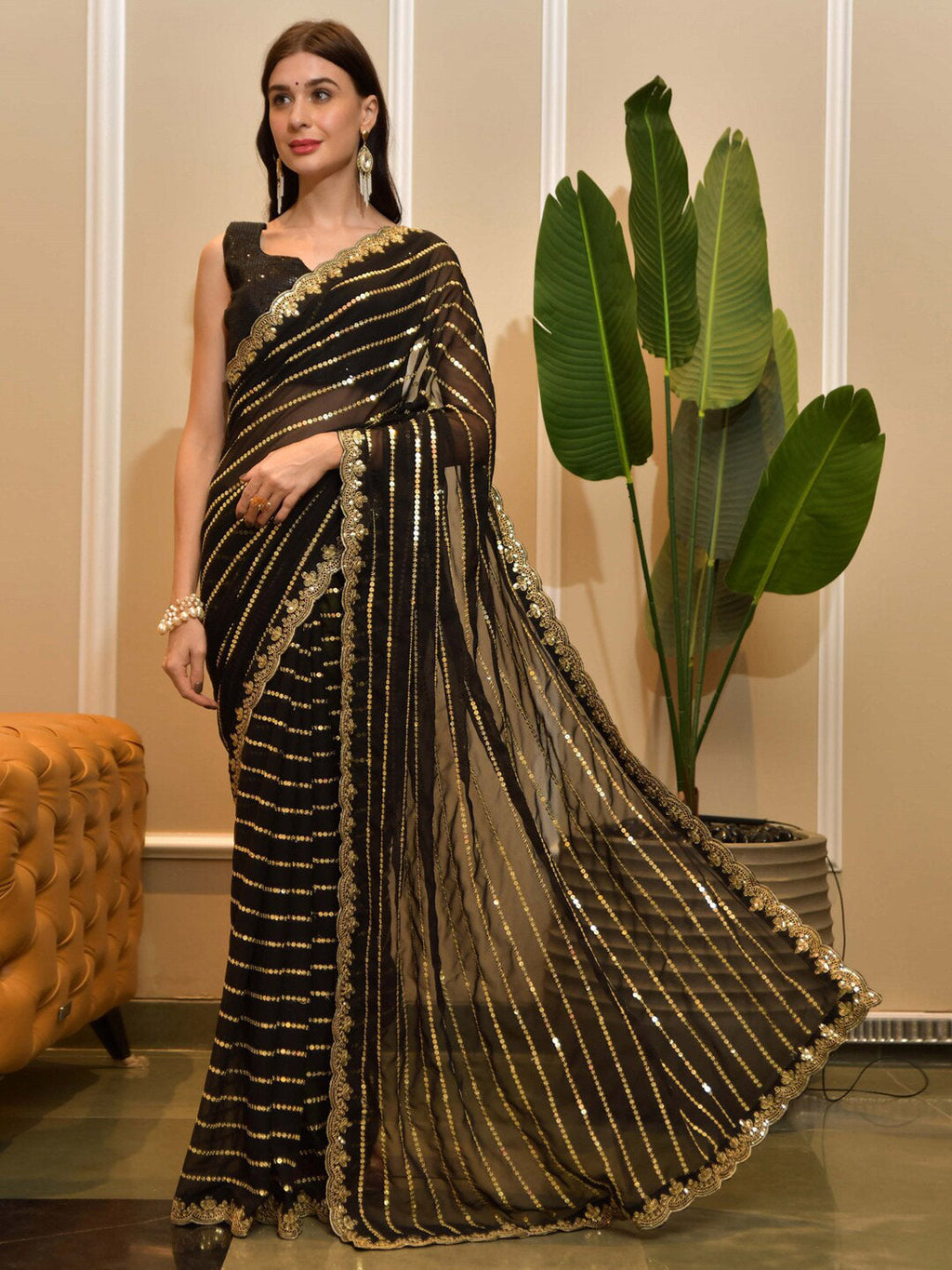 Sangria Striped Embellished Sequinned Saree | Grocsy