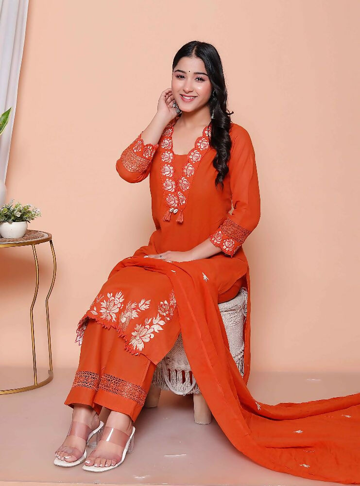Miravan Womens Embroidered Cotton Kurta With Palazzo & Dupatta Set | Grocsy
