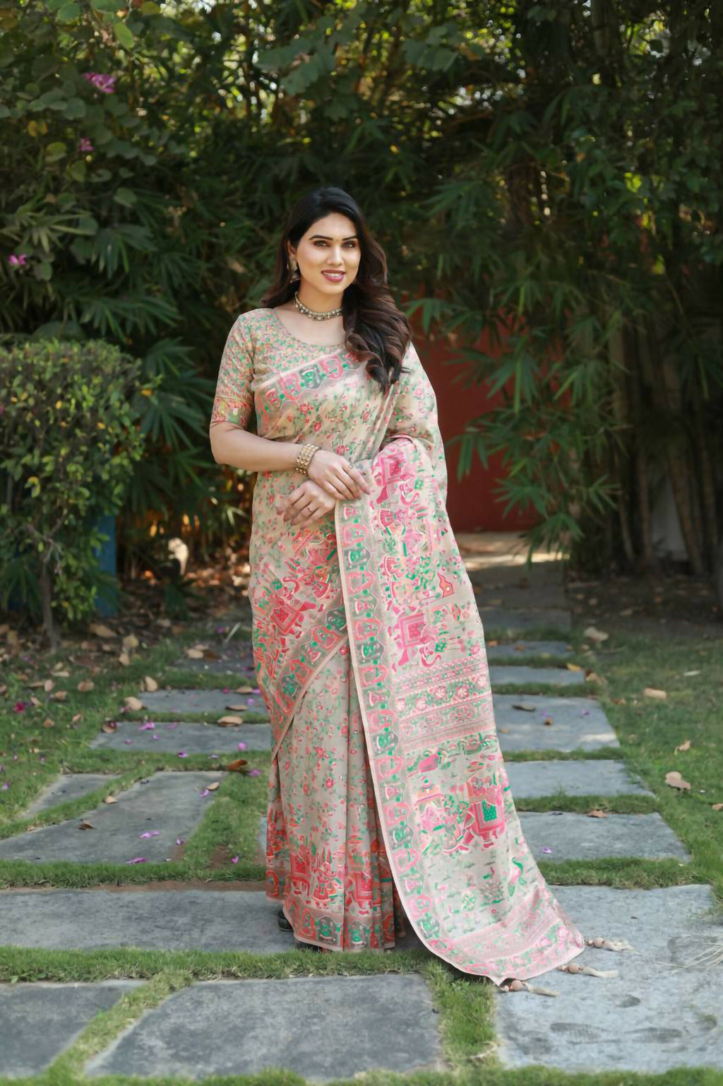Vastranavya Luxury and Beautiful Soft, Smooth, Flowing Original Pashmina Soft Cotton Saree with Matching Blouse Fabric - Cream | Grocsy